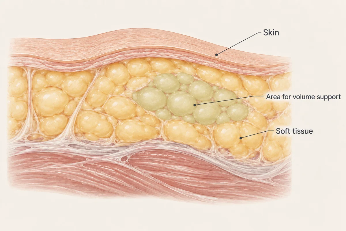 Skin and soft-tissue cross-section with a diffuse highlighted area for volume support above the muscle.