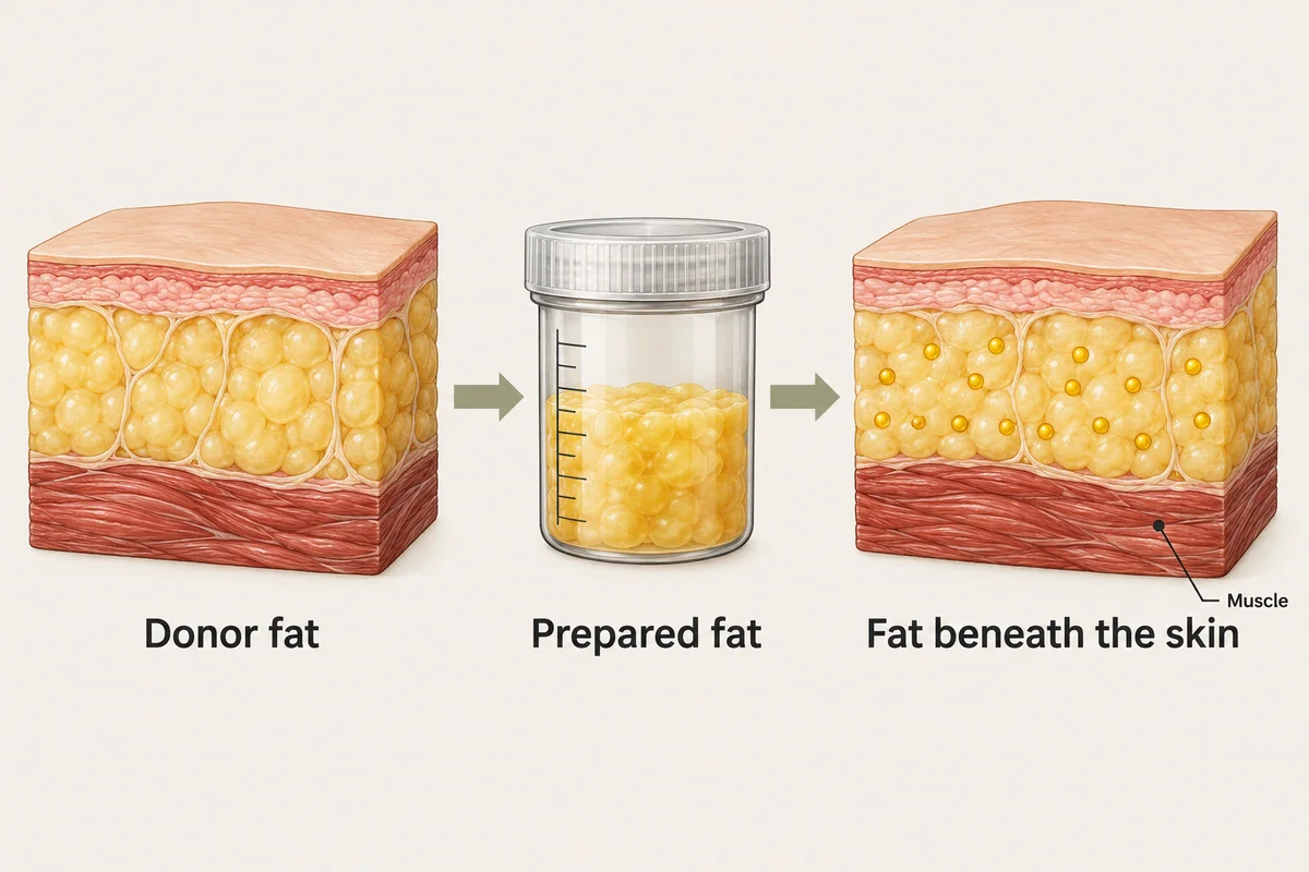 Conceptual sequence showing donor fat, prepared fat and transferred fat in the layer above muscle.