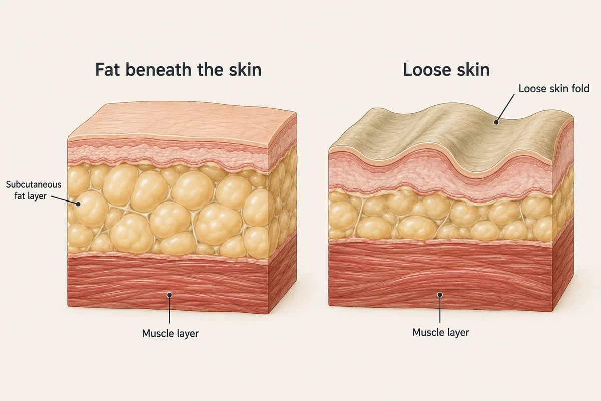 Two tissue diagrams comparing localized fat beneath the skin with a loose fold of skin.