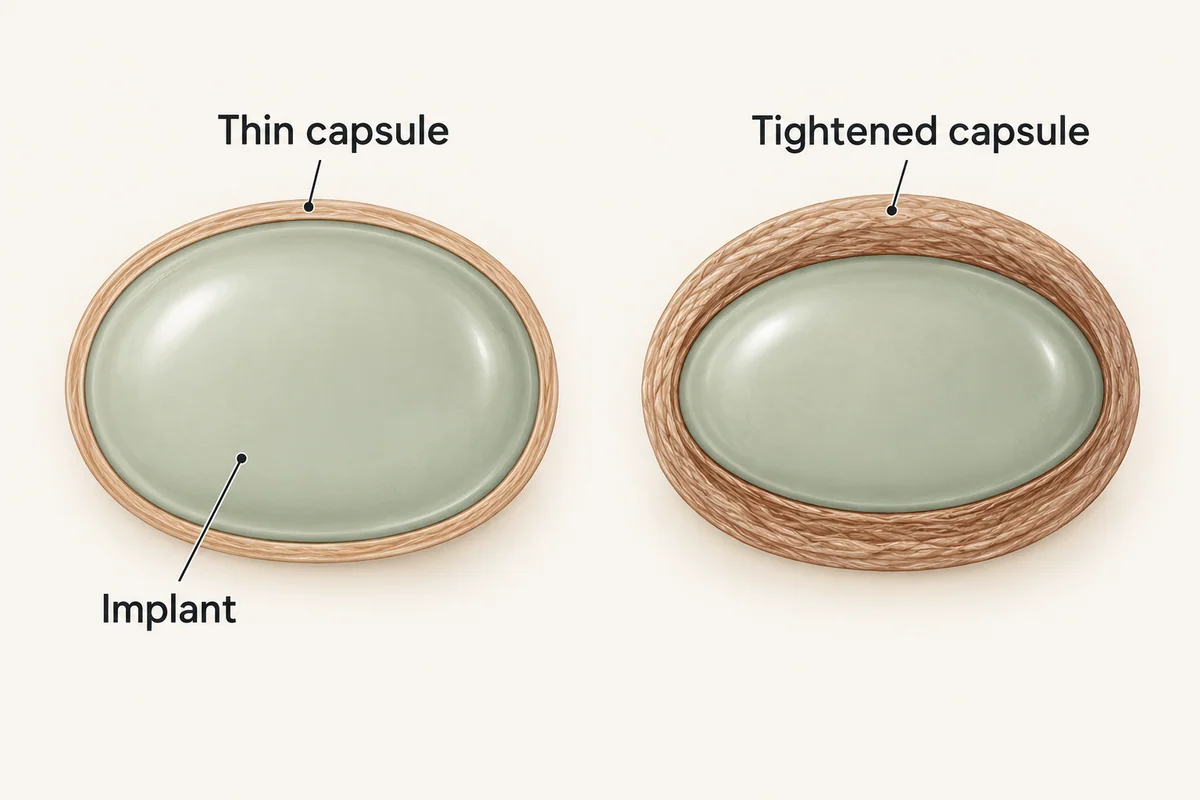 Two implant diagrams comparing a thin scar capsule with a thickened, tightened capsule.
