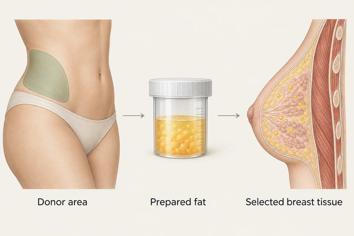 Conceptual sequence of a donor area, prepared fat and small fat deposits in breast soft tissue.