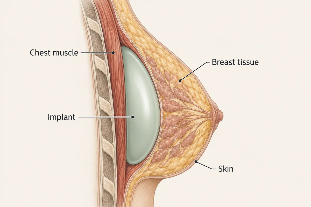 Breast cross-section showing one possible implant position above chest muscle and beneath breast tissue.