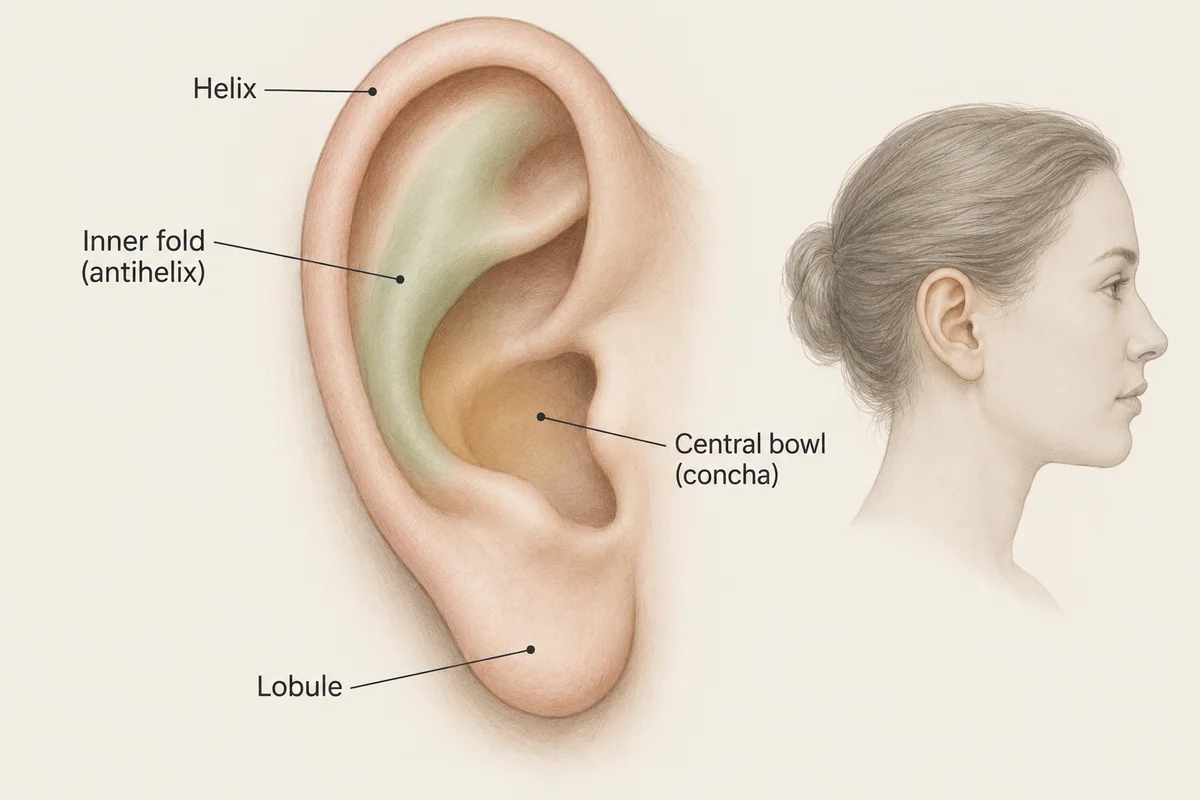 Outer ear showing the antihelix inner fold and the concha central bowl.