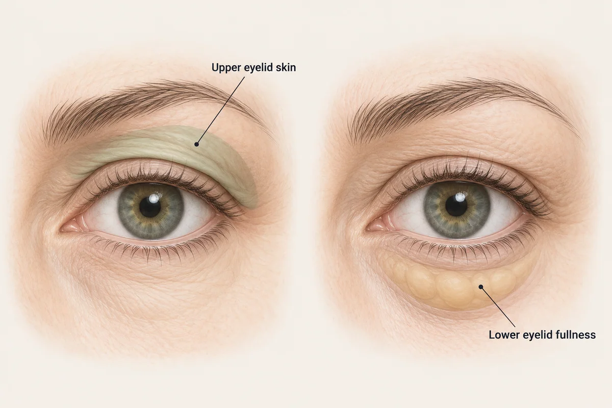 Two eye diagrams separately highlighting upper eyelid skin and lower eyelid fullness.