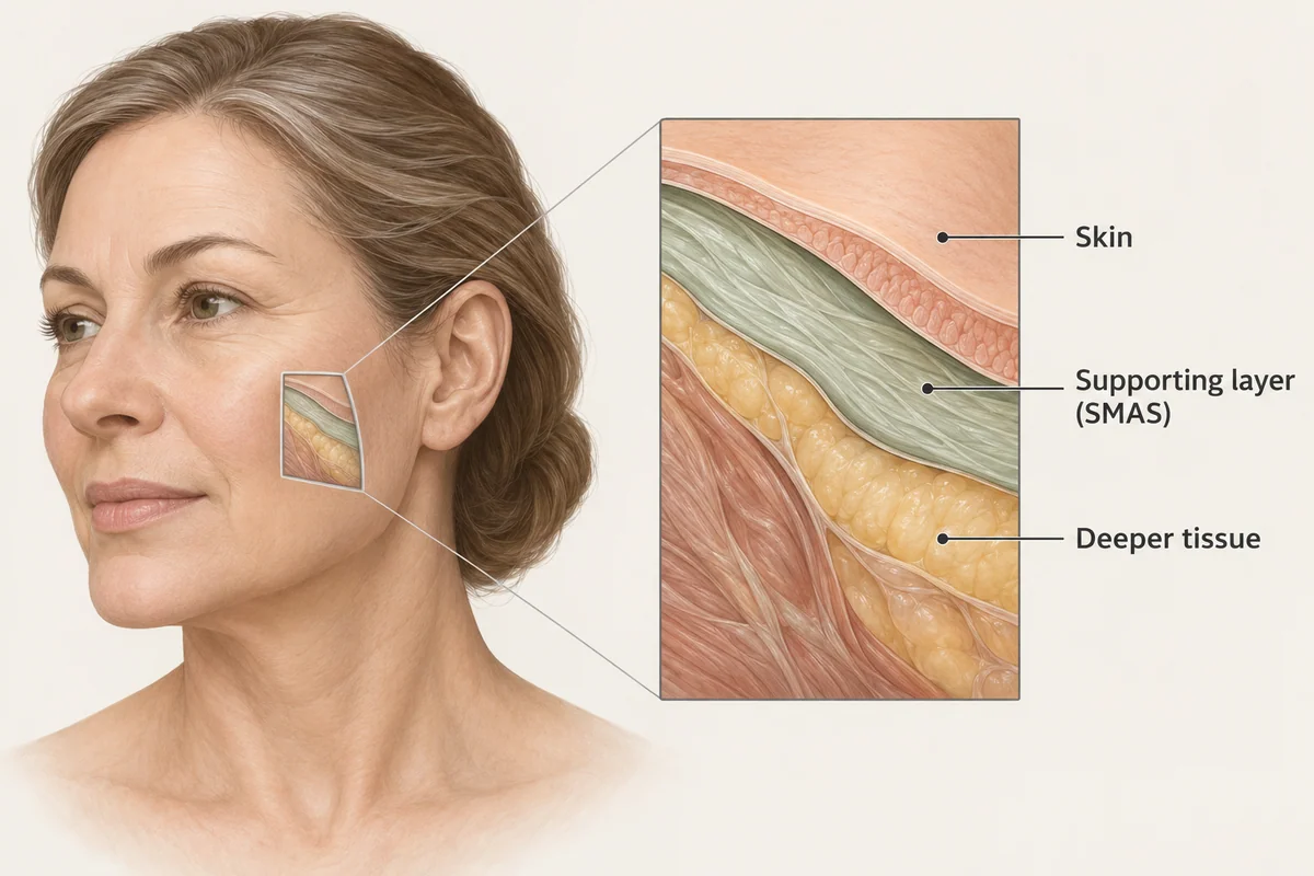 Simplified facial tissue diagram distinguishing skin, the supporting SMAS layer and deeper tissues.