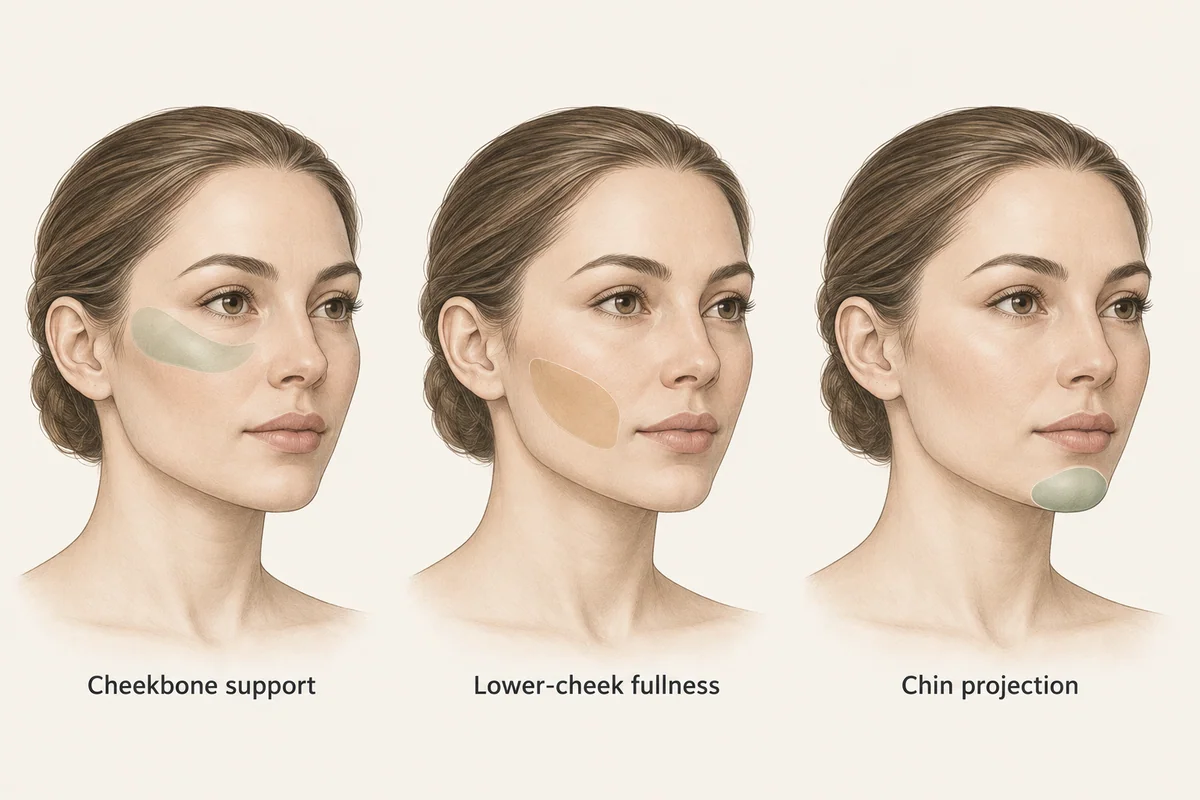 Three faces highlighting cheekbone support, lower-cheek fullness and chin projection.