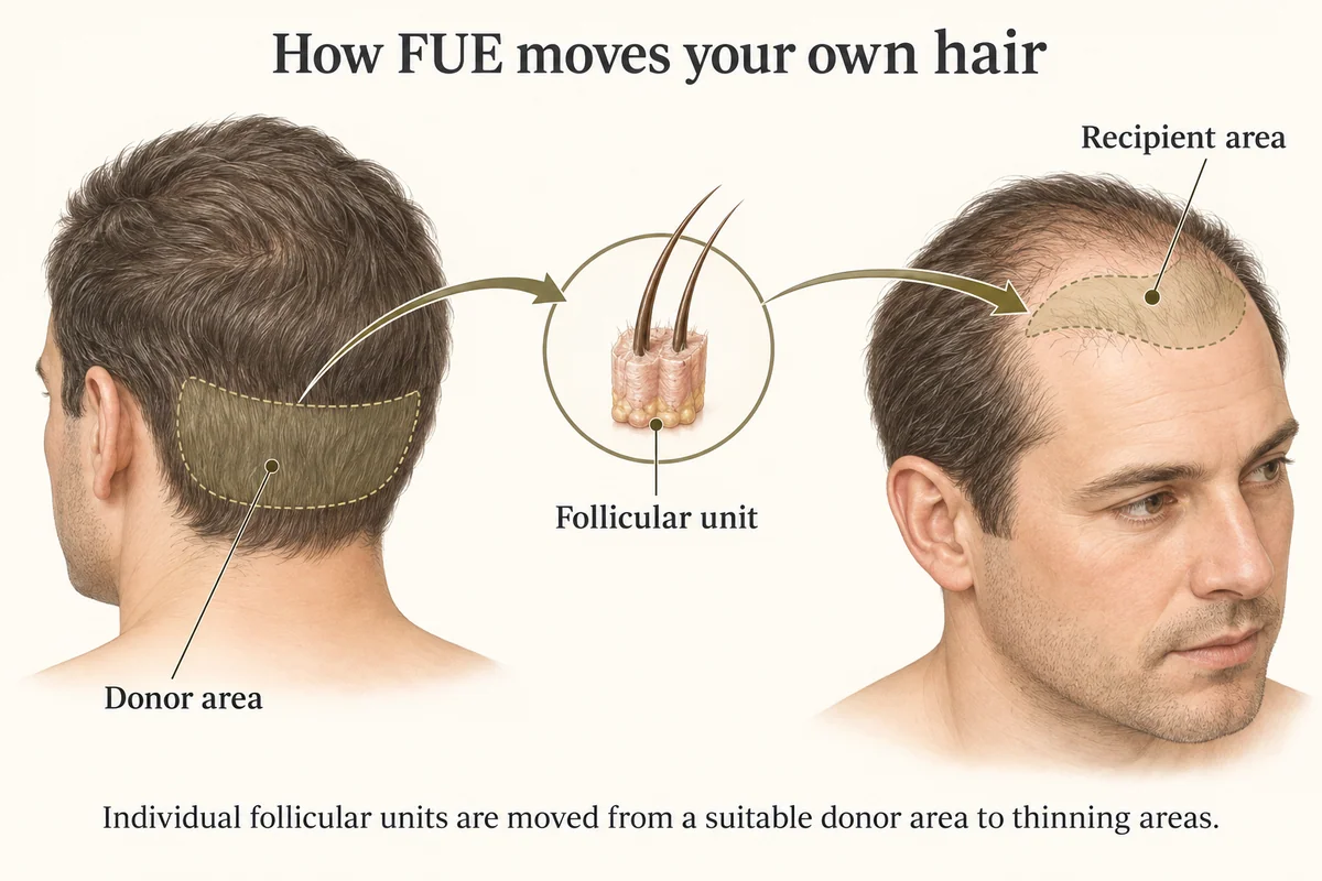 Illustration showing a donor zone at the back of an adult scalp, a magnified two-hair follicular unit, and arrows toward a thinning frontal recipient area.
