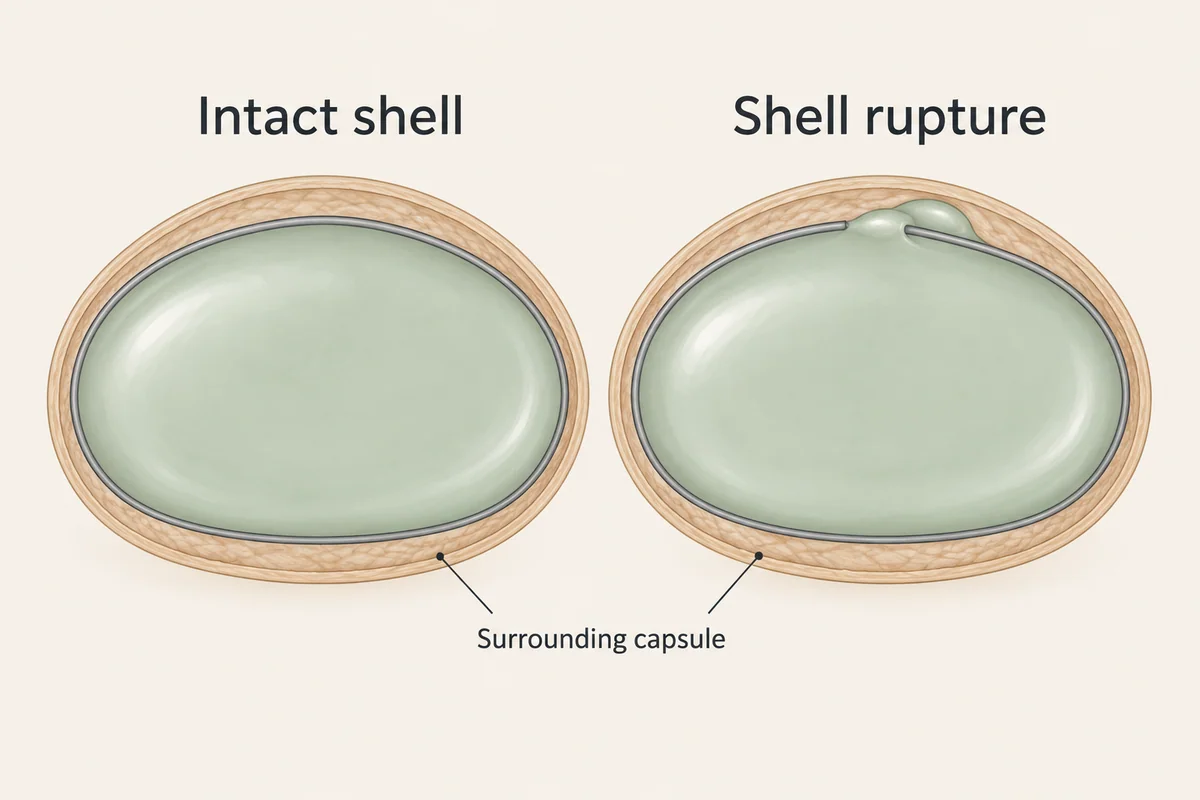 Intact implant shell compared with a ruptured silicone shell whose gel remains within the surrounding capsule.