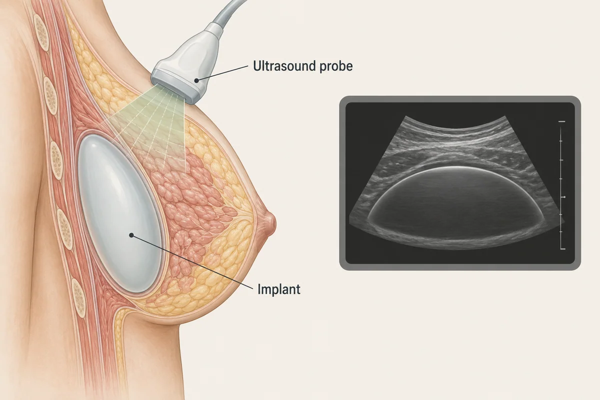 Ultrasound probe outside the breast, a schematic imaging beam and an illustrative implant image.