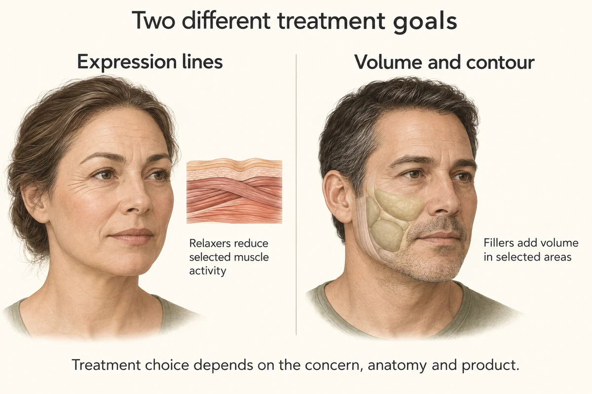Two adult faces illustrating expression lines and cheek soft-tissue support, alongside a conceptual skin-and-muscle inset.