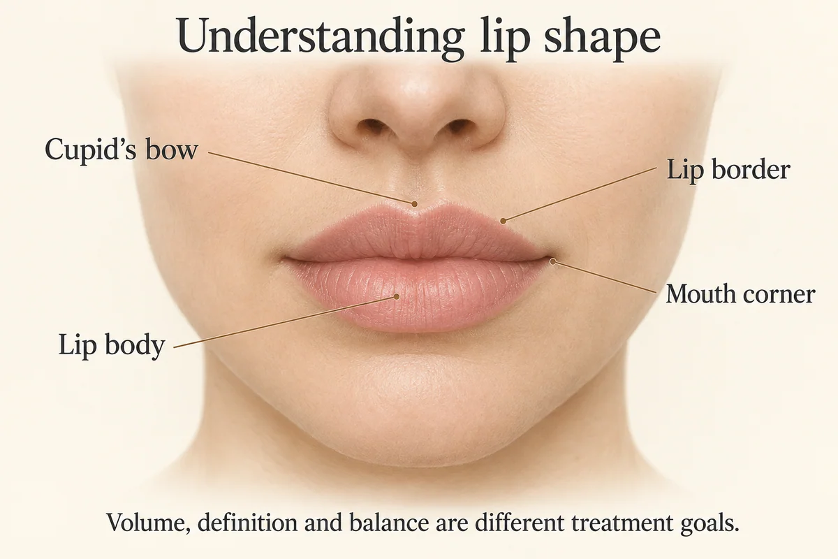 Educational illustration labeling the Cupid’s bow, lip border, lower lip body and mouth corner.