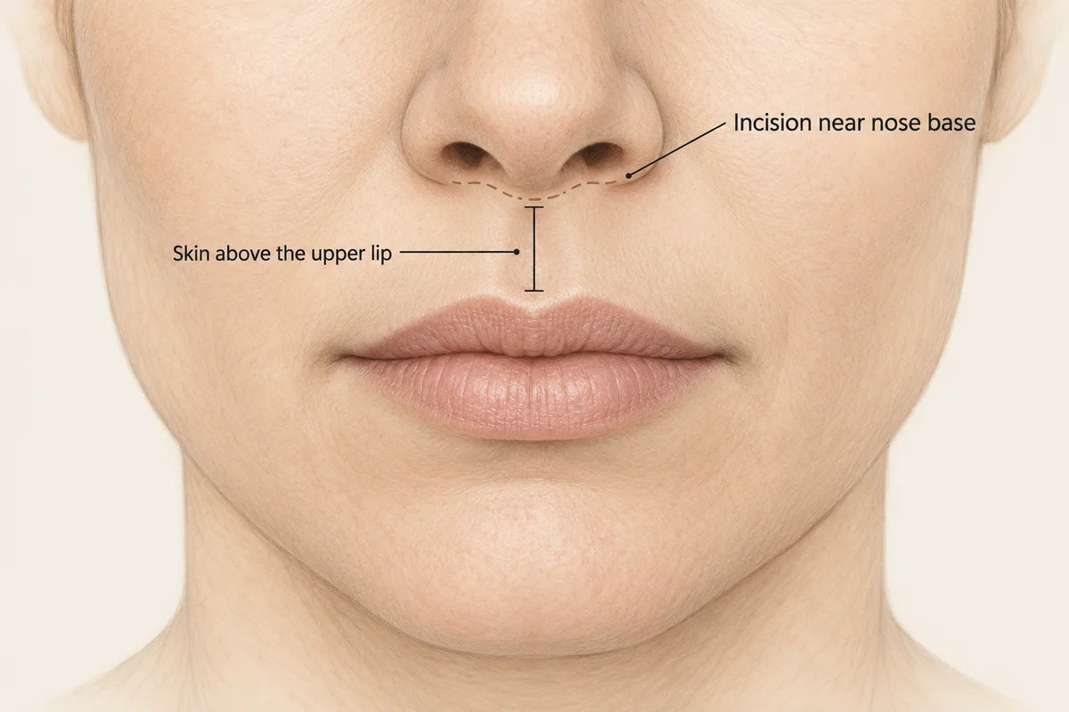 Lower nose and upper lip showing the intervening skin and a possible incision near the nose base.