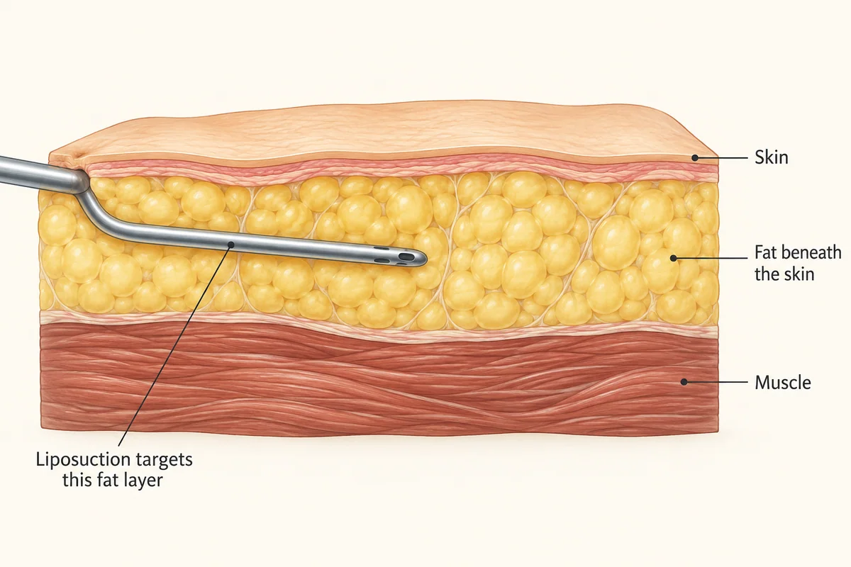 Cross-section showing skin above a yellow fat layer, a liposuction cannula within that layer, and muscle below.