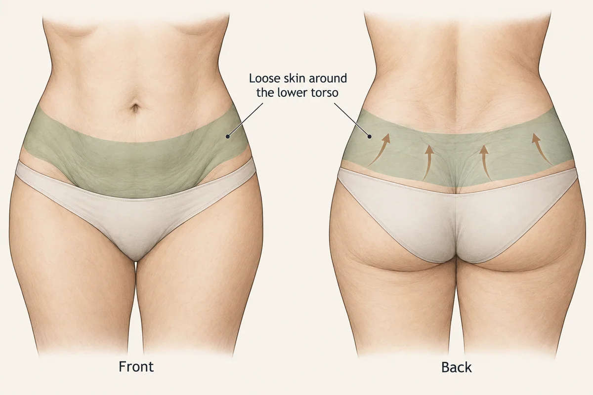 Front and back views showing a lower-torso skin-lifting zone around the abdomen, hips and upper buttocks.