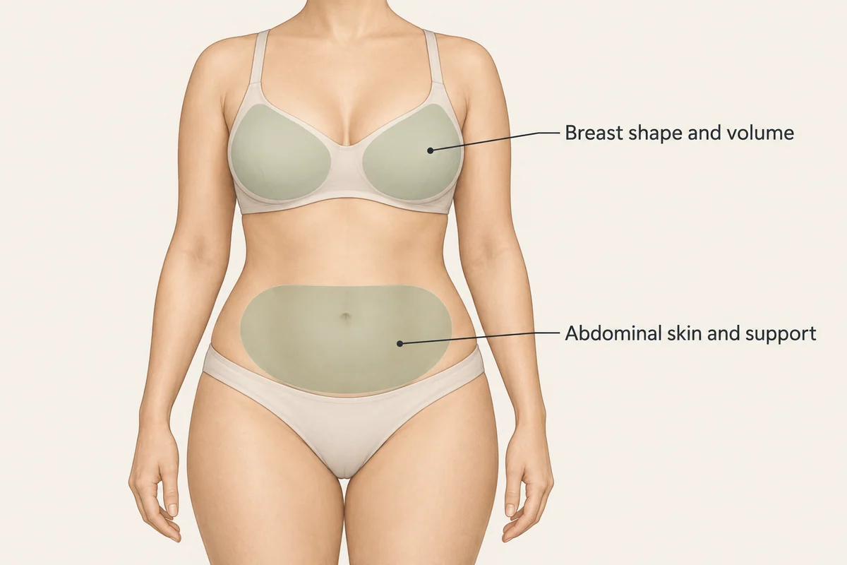 Adult torso in underwear with breast and abdominal regions highlighted as separate areas for assessment.