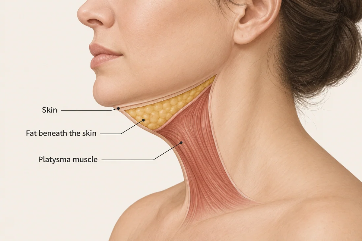 Side view of the neck showing skin, fat beneath the skin and the deeper platysma muscle.
