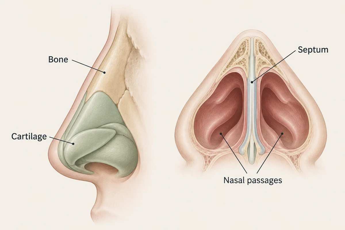 Nasal framework with bone and cartilage labeled beside a diagram of the septum and nasal passages.
